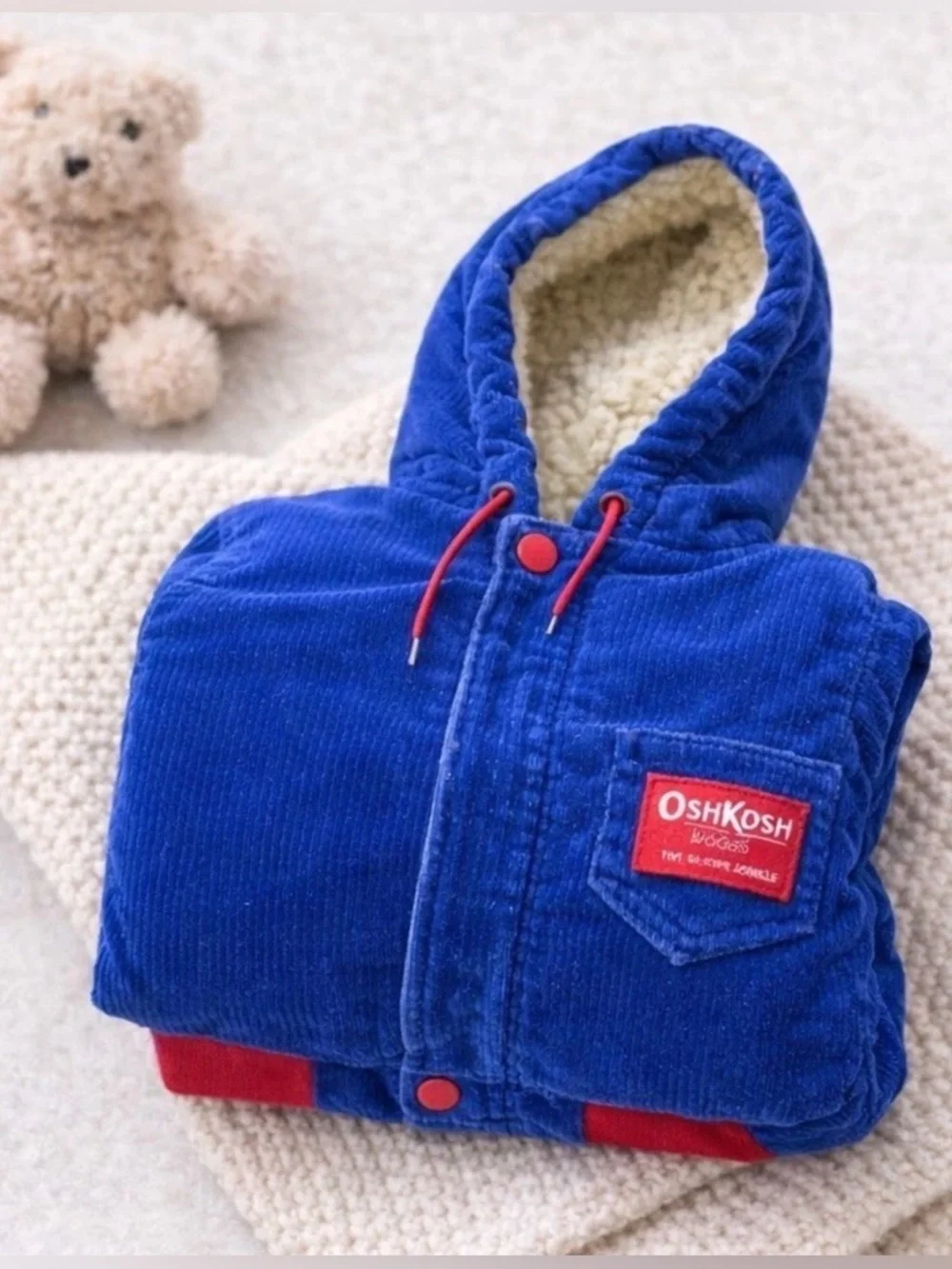 Vintage OshKosh Blue Corduroy Hooded Jacket Sherpa Lined Toddler 3T Cozy